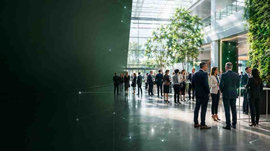Business professionals networking at an international trade show