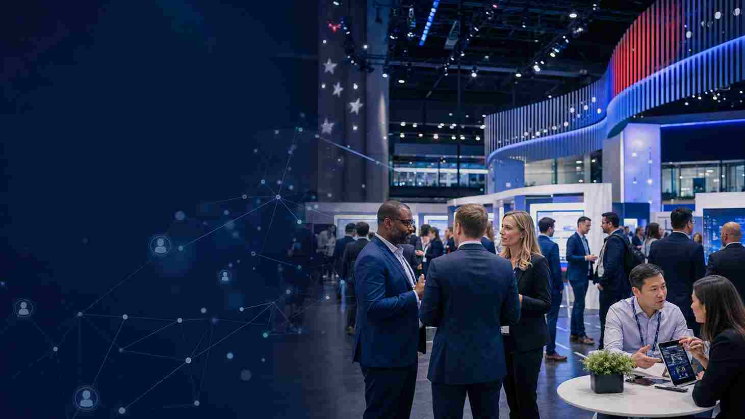 Business professionals networking at a USA trade show and conference